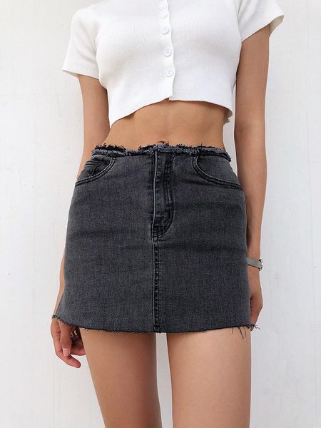 

summer style street solid color rough trimmed high waist denim skirt women, all-match slim skinny jeans women skirts, Black