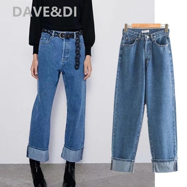

women's jeans dave&di england high street vintage straight mom woman waist roll up for women boyfriend, Blue