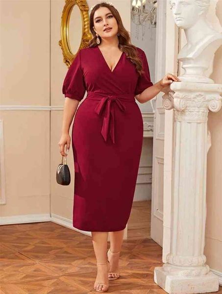 

plus size dreses for women 3xl summer v neck lantern sleeve slim bodycon pencil dress red ladies work office dresses, White