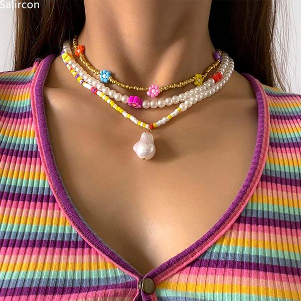 

pendant necklaces 2021 ternd boho colorful multilayer handmade beaded chain choker necklace for women baroque simulated pearls jewelry, Silver