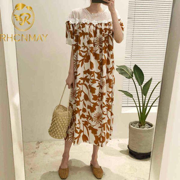 

vintage lace splicing women dress korean puff sleeve casual printed floral midi dress one piece female loose elegant party dress y1204, Black;gray