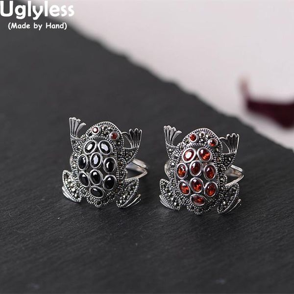 

cluster rings uglyless retro gems frogs for women thai silver 925 animals frog open garnet agate creative jewelry toad ring, Golden;silver