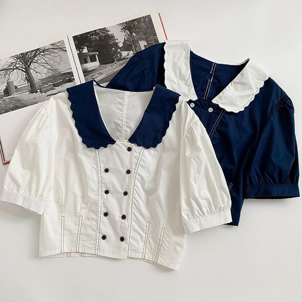 

women's blouses & shirts summer sweet shirt women casual doll collar short sleeve blouse femme elegant fashion white cotton top