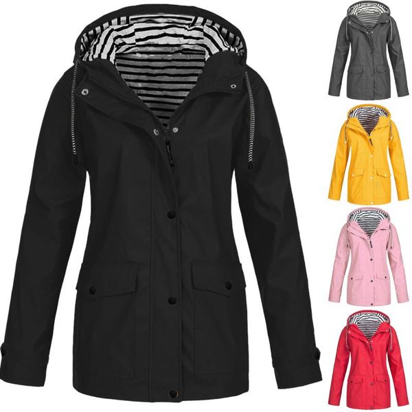 

women's jackets women solid rain jacket outdoor plus size waterproof hooded raincoat windproof, Black;brown