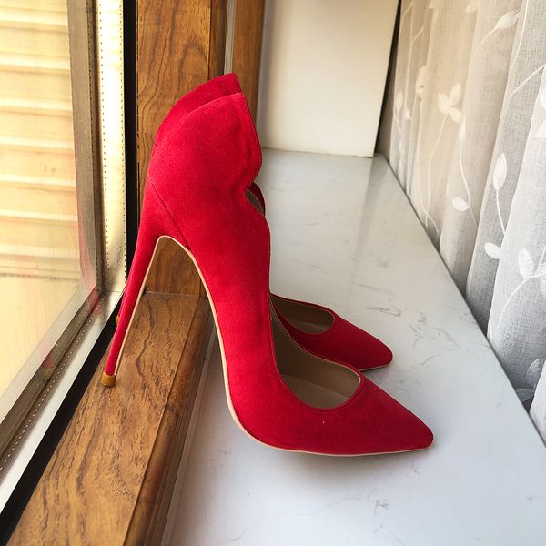 

solid red flock wave shoes women curl cut red bottom pointy toe high heel wedding bridal shoe elegant ladies designer red sole slip on stile, Black