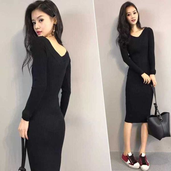 

slim fit pullover mid length v-neck skirt over the knee tight buttock wrap dress, Black;gray