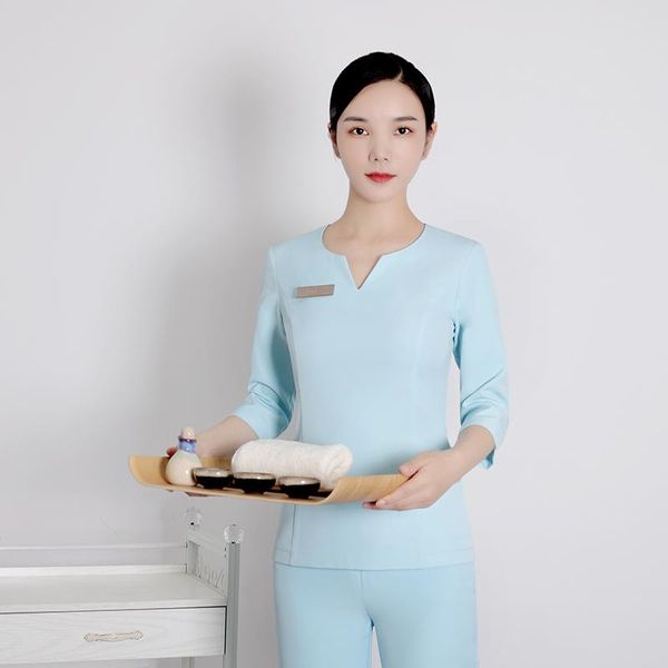 

women's two piece pants beauty salon female solid color working uniforms centre women beautician uniform suits sauna foot bath work clo, White
