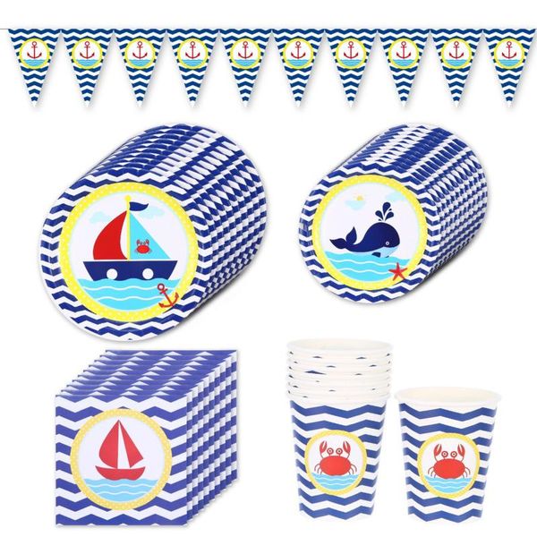 Vajilla desechable Navegación azul Decoraciones para fiesta de cumpleaños Vajilla Ballena Vela Tazas Platos Servilleta Niños Suministros de baño para bebé