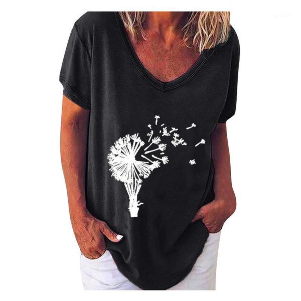 

women's t-shirt solid color dandelion print women t-shirts loose oversized t shirt v-neck short sleeve tee shirts camisetas de mujer, White