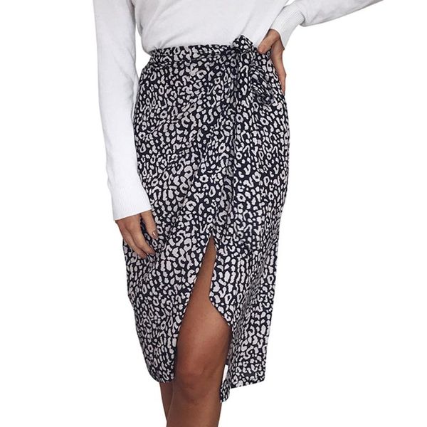 

skirts women high waist midi skirt female office ruffle fashion leopard bandage bodycon lace up split short z0410, Black