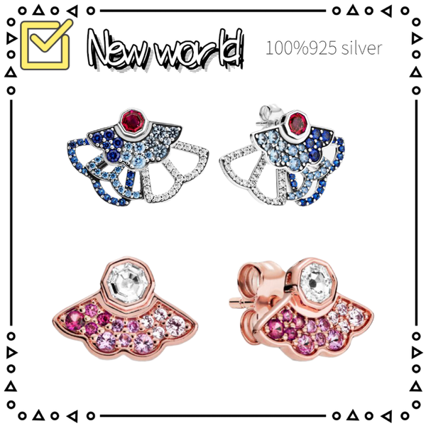 

stud 2021 authentic 925 sterling silver fan earrings with sparkling crystal floral heart for women's jewelry, Golden;silver
