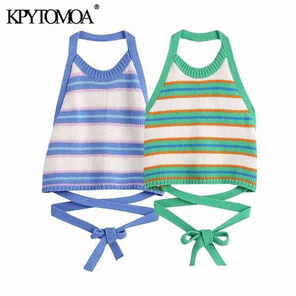 

kpytomoa women sweet fashion striped crop knitted tank vintage halter neck backless bow tied female camis mujer 210625, White