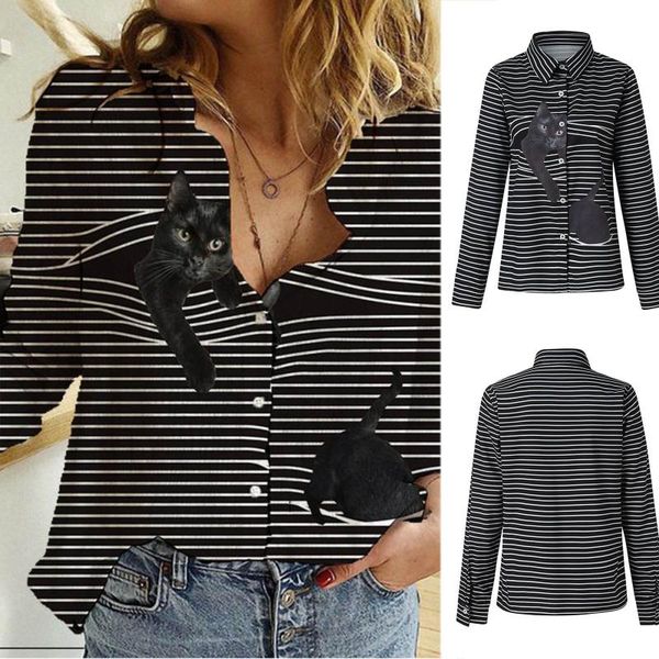 

women's t-shirt women blouses casual round neck animal stripe long sleeve print button blouse shirts chemisier femme blusas manteau, White