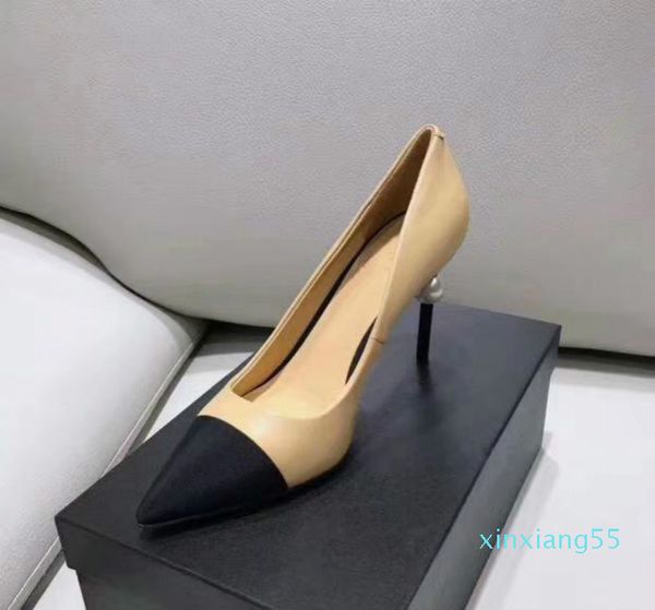 

designer women goatskin grosgrain pumps genuine leather pearl high heels ol dress shoes lady beige white black single shoes original box