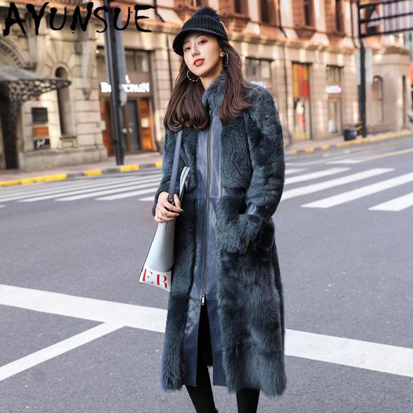 

women's fur & faux ayunsue 2021 natural coat female real sheepskin leather jacket long warm winter clothes women shearling coats abrigo, Black