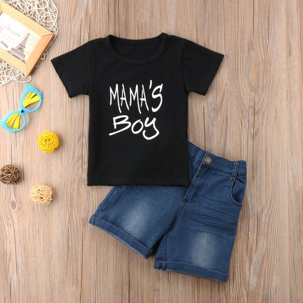 

mamas boy letter print short-sleeve t-shirt and denim shorts 2pcs set for toddler boy summer clothes, White