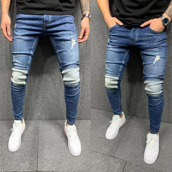 

men's ripped jeans autumn winter fashion slim stitching stretch vintage casual waist pocket pencil, Blue