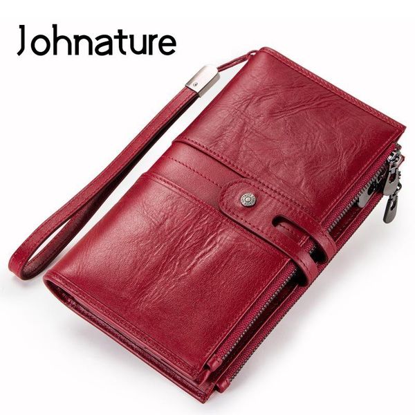 

wallets johnature 2021 genuine leather fashion zipper & hasp solid casual day clutches long women standard female purse, Red;black