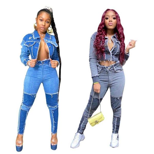 

cm.yaya active wear women denim patchwork jackets jeans pants suit tracksuit two piece matching set fitness outfits 210930, White
