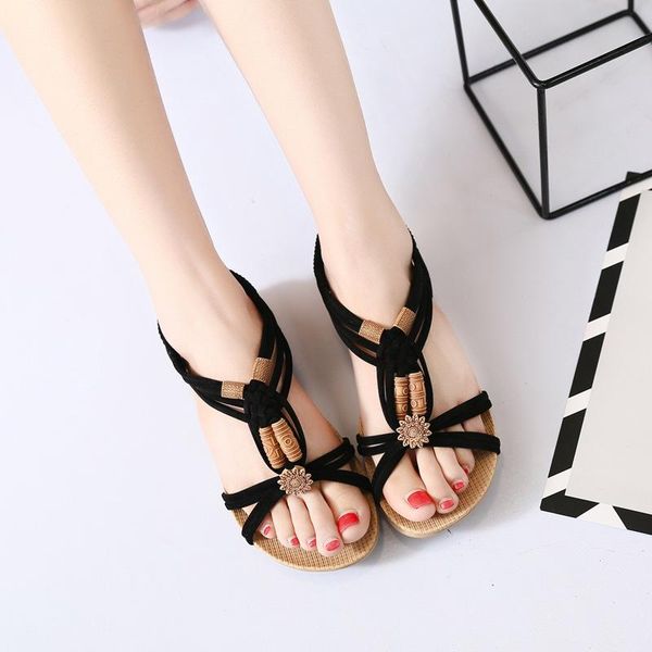 

dress shoes padegao wedges flat crystal string bead front rear strap women sandals ankle wrap concise summer rome 2021, Black