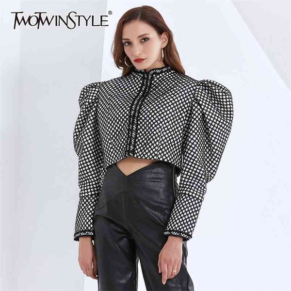

twotwinstyle ruched plaid jackets for women o neck puff long sleeve short female coats autumn fashion clothing 210821, Black;brown