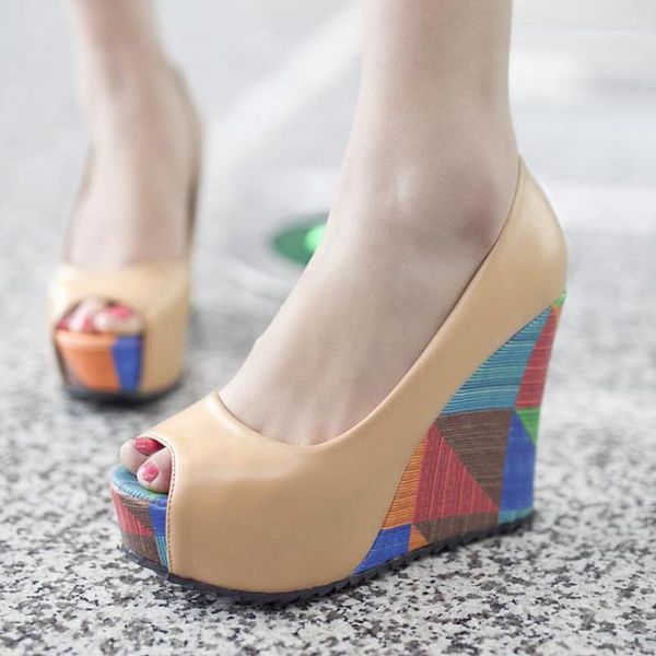 

spring summer autumn slope heel shoes high women' platform pumps dress, Black