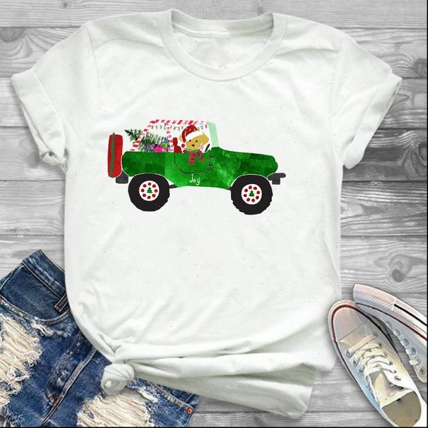 

merry christmas women t shirts men shirt cute cartoon car print female santa claus reindeer short sleeve tee, White
