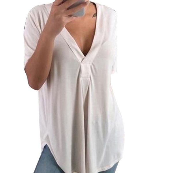

women's blouses & shirts blouse solid color short sleeve summer fashion office casual loose pleated irregular hem top, White