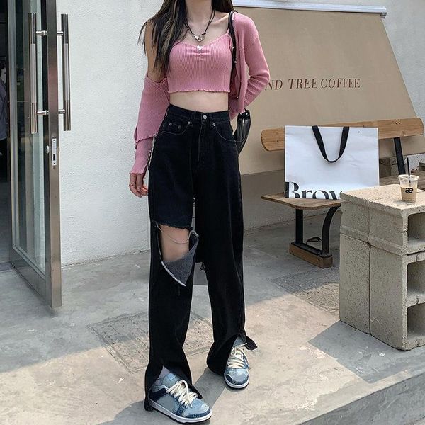 

women's jeans vintage women pants high waist femme autumn 2021 baggy denim woman wide leg trousers ripped, Blue