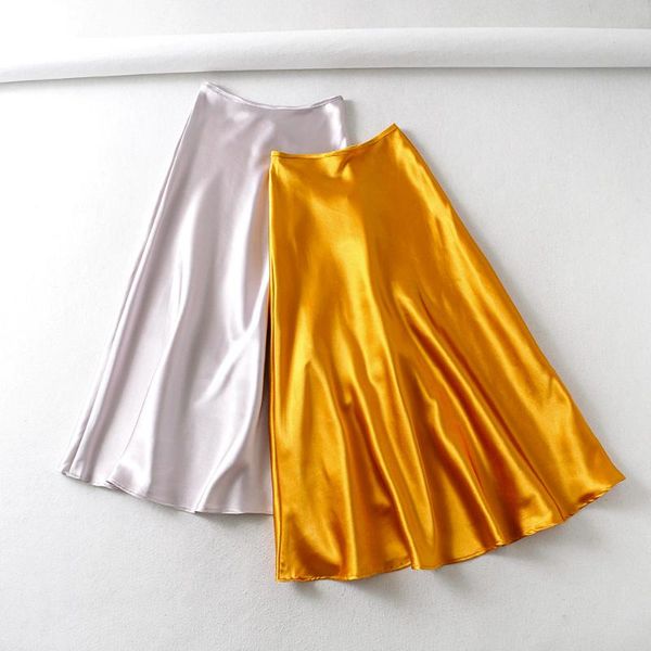 

skirts women luxury mid-calf long soft smooth silk satin office lady hight waist glossy silver gold party skirt 2021, Black