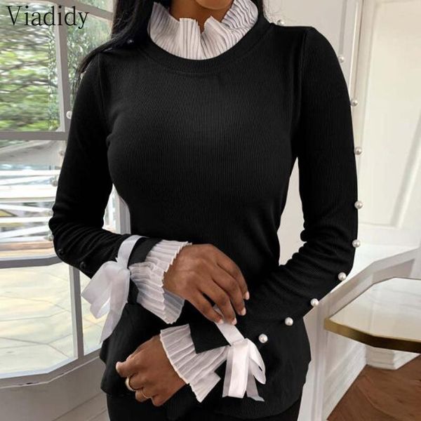 

lace insert bowknot buttoned bell cuff splicing blouse office women's blouses & shirts, White