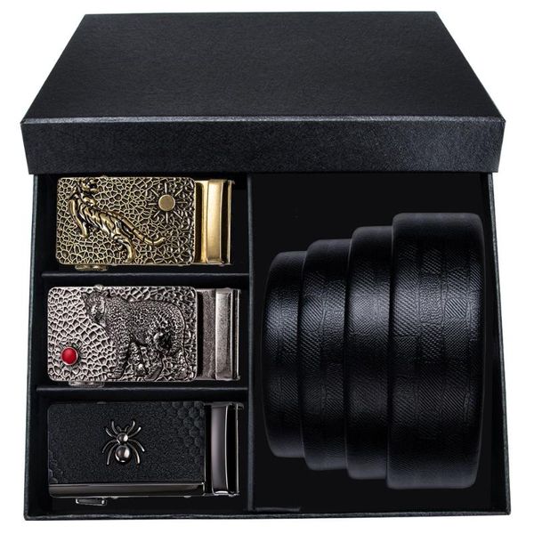 

boxed classic men's belt for wedding party solid genuine leather belts men spider tiger desiger animal buckle jeans strap, Black;brown
