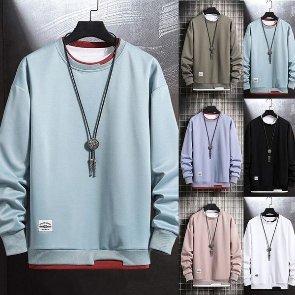 

men's hoodies & sweatshirts 2021 men casual fake two pieces solid color round neck fashion male sweatshirt multi o-neck, Black