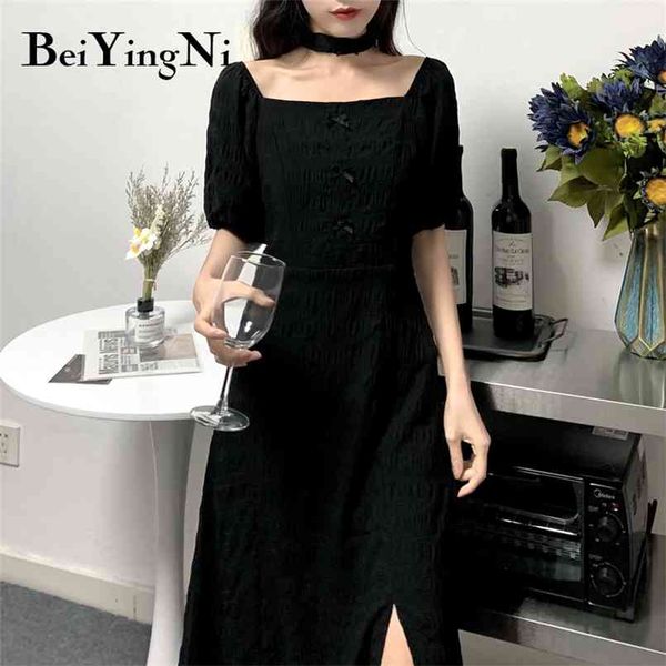 

women black short sleeve casual slim midi a line dresses korean high street bow tie plus size chic kawaii dress 4xl 210506, Black;gray