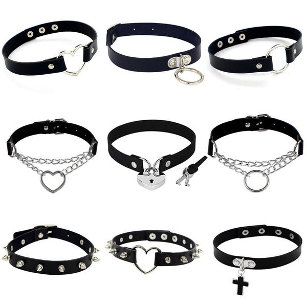 

chokers 2021 punk pu leather lock key heart round spike rivet collar studded choker necklace body birthday party gift chocker jewelry, Golden;silver