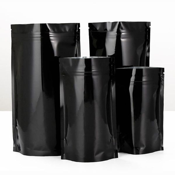 400pcs Stand Up Preto Printing Bloqueio Bloqueio Presente Embalagem De Embalagem Lustrosas Mylar Foil Pouches Flat Bottom Sample Potência Alumínio Embalagem Saco Bolsa Ambos Os lados são cores sólidas