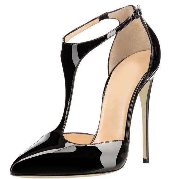 

carpaton black patent leather t-strap high heel shoes woman 12cm thin heels pumps shallow ankle strap dress nude red