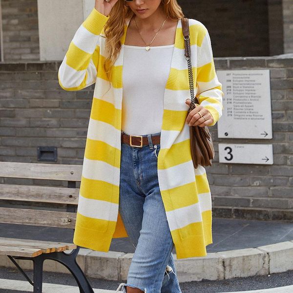 

women's knits & tees qila fall 2021 european and american knitted long contrast color striped cardigan sweater for women, White