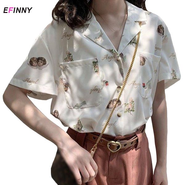 

efinny chiffon blouses female hawaiian fashion floral short sleeve shirts ladies summer loose new x0521, White