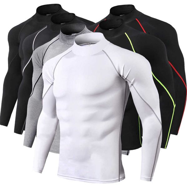 

high collar compression shirts men bodybuilding sportswear t-shirt long sleeve gyms t shirt men fitness tight rashgard sh190828, White;black