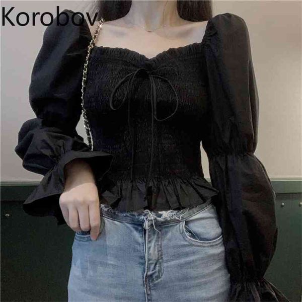 

korobov women black blouse vintage court puff sleeve female shirts korean slim elegant square collar mujer blusas 79404 210430, White