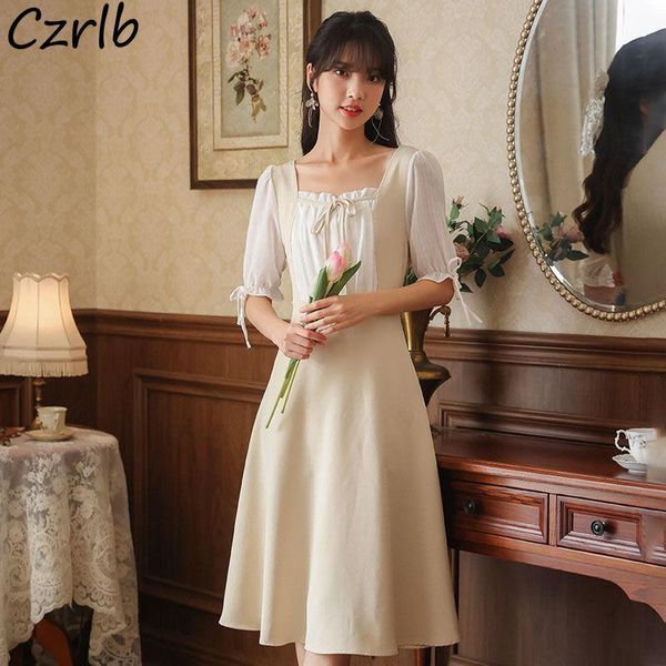 

casual dresses women french style patchwork elegant party summer square collar tender cozy simple aesthetic basic vintage trendy, Black;gray