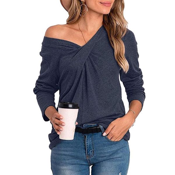

women's t-shirt fashion women autumn tshirt full sleeve v-neck twist t-shirts solid color woman casual winter cotton plus size 2xl, White