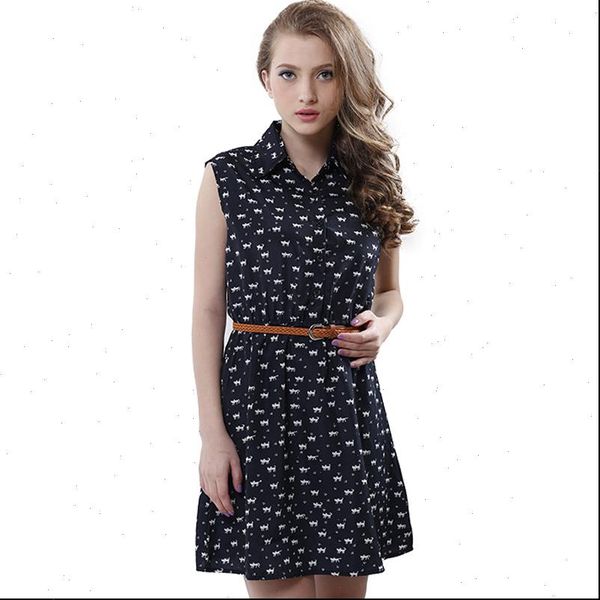 

summer fashion women dress shirts cat footprints pattern thin shirt casual dresses with belt drop, Black;gray