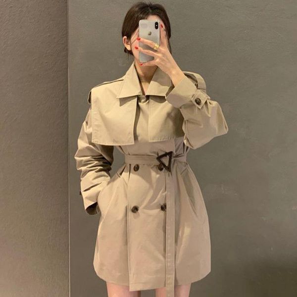 

women's trench coats overcoat women korean chic autumn light cooked lapel double row buckle waist closing long sleeve straight small wi, Tan;black