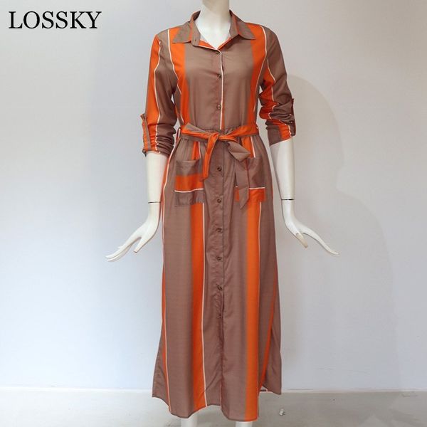 

long sleeve shirt dress pocket button sashes spring boho beach es women casual striped print midi office vestido 210520, Black;gray