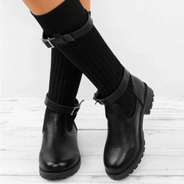 

oymlg2021 autumn winter vintage women boots large size wool sock female flat heel knee high botines zapatos de mujer, Black