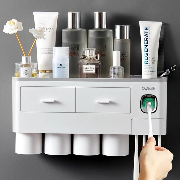 

bath accessory set magnetic adsorption inverted toothbrush holder automatic toothpaste dispenser with cup bathroom accessories