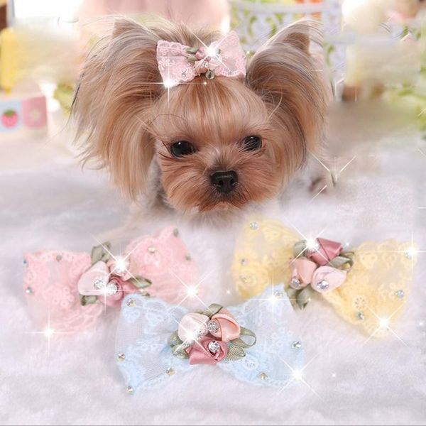 

pet hair bow rhinestone embroidery lace dog bows clip grooming supplies apparel