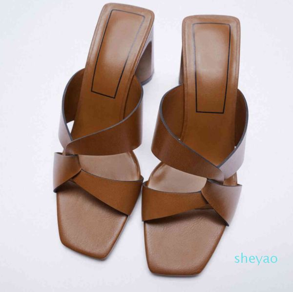 

slippers summer brown designer shoes thick heel cross upper women's sandals quality leather woman party for women 0402, Black